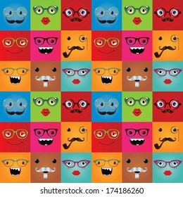 Funny hipster monster face expressions seamless background. Vector illustration. Pattern, texture