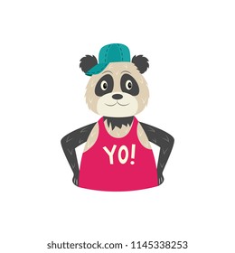 Funny hipster panda character in cap and and sleeveless tshirt with yo inscription. Hip hop style animal character concept. Vector isolated illustration.