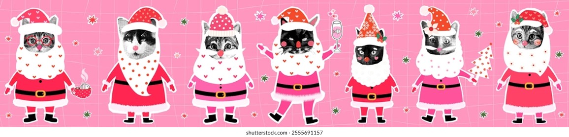 Funny hipster Santa Claus cats, vector halftone Christmas collage kitty illustrations for graphic design, banners, greeting cards