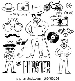 Funny hipster set. Black and White. Vector illustration.