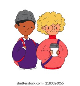 Una divertida pareja de estudiantes hipster. Icono de ilustración de personajes con dibujos animados de moda. Chico de moda y pareja de hipster. Aislado sobre fondo blanco