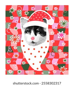 Funny hipster vector Santa Claus cat face with a hat, Cute Christmas groovy collage kitty