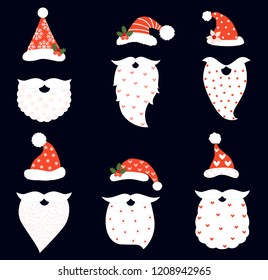 Funny and hipster vector set with Santa hats, beards and mustaches for photo booth props and Christmas greeting cards