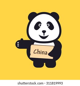 Funny hitchhiking Panda is holding thumbs up and trying to stop car.