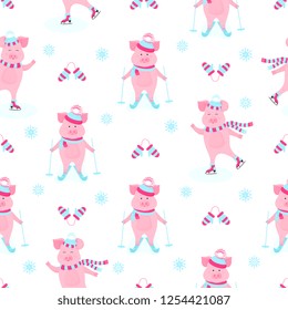 Funny hog on skates. Cute piggy skiing. Piglets on winter vacation. Cartoon pigs outdoors. Seamless pattern for the New Year and Christmas