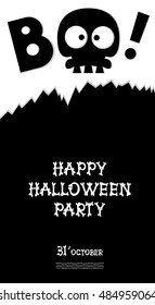 Funny holiday banner: title Boo from skull skeleton and Happy Halloween from bones letters. Vector illustration in cartoon style. Concept design poster, flyer or ticket on party.