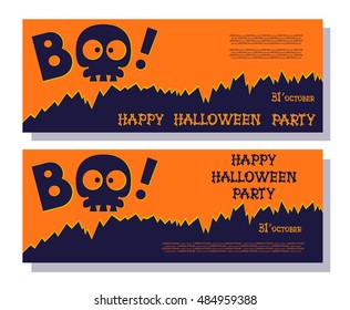 Funny holiday banner: title Boo from skull skeleton and Happy Halloween from bones letters. Vector illustration in cartoon style. Concept design poster, flyer or ticket on party.