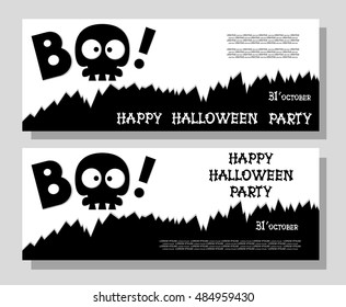 Funny holiday banner: title Boo from skull skeleton and Happy Halloween from bones letters. Vector illustration in cartoon style. Concept design poster, flyer or ticket on party.