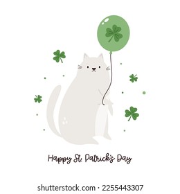 Funny holiday design with cat with a balloon and clover leaf for St. Patricks Day. Vector colorful illustration for traditional Irish holiday