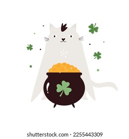 Funny holiday design with cat and a pot of gold for St. Patricks Day. Vector illustration for traditional Irish holiday