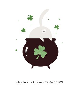 Funny holiday design with cat sitting in a pot, elf cauldron for St. Patricks Day. Vector illustration for traditional Irish holiday