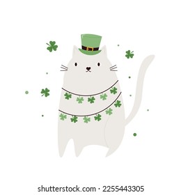 Funny holiday design with a cat in a top hat and garland with clover, trefoil for St. Patricks Day. Vector illustration for traditional Irish holiday