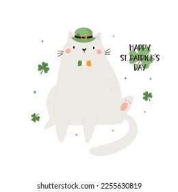 Funny holiday design for St. Patrick's Day with a cat in a hat. Vector illustration for traditional Irish holiday