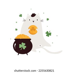 Funny holiday design for St. Patrick's Day with cat and a pot of gold. Vector illustration for traditional Irish holiday