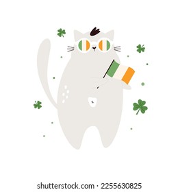 Funny holiday design for St. Patrick's Day with a cat in sunglasses with flag of Ireland. Vector illustration for traditional Irish holiday