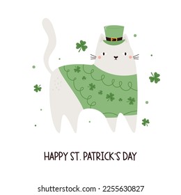 Gracioso diseño de vacaciones para el Día de San Patricio con un gato con sombrero de primer nivel y trajes verdes. Ilustración vectorial de las vacaciones tradicionales irlandesas