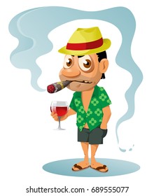 Funny holiday maker with bad habits. He drinks and smokes cigar on the beach. Cartoon styled vector illustration. Elements is grouped. Isolated on white. No transparent objects.