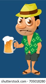 Funny holiday maker holds mug of beer. Oktoberfest Party or just a weekend. Cartoon styled vector illustration. On dark background. No transparent objects.