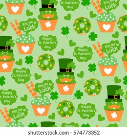 Funny holiday pattern with cupcakes, donuts, hearts, clover, hat, wafer rolls, mustache. Kiss me for luck. Happy St. Patrick's Day. 