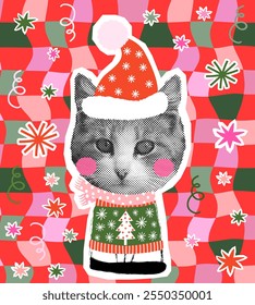 Funny holiday vector cat with Santa hat and ugly Christmas sweater on a groovy red, green and pink wavy background