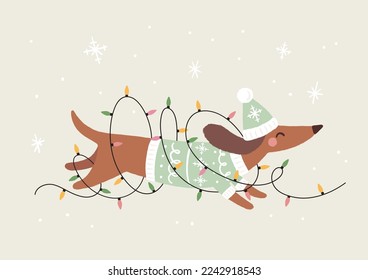 Funny Holiday Vector Illustration With Dachshund Wearing Warm Hat and Green Sweater. Cute Dog Running Tangled In Christmas Lights. Hand Drawn Graphic Design Ideal For Winter Greeting Card Or Poster.