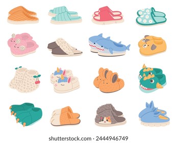 Funny home footwear. Cozy domestic slippers, decor in cute animal faces and paws form, textile warm house comfortable shoes, flip flops and soft boots unicorn and shark. Vector cartoon flat set