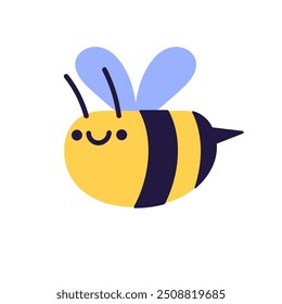 Funny honey bee flies. Cute honeybee with smile face, happy facial expression. Stylized friendly bumblebee. Adorable flying striped insect. Flat isolated vector illustration on white background