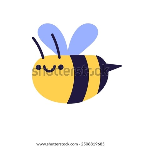 Funny honey bee flies. Cute honeybee with smile face, happy facial expression. Stylized friendly bumblebee. Adorable flying striped insect. Flat isolated vector illustration on white background