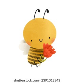 Funny honey bee with tulip bouquets. Little spring insect
