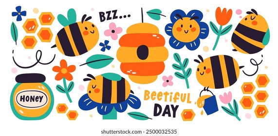 Funny honey bees mascot flying, sleeping, working, honeycomb and flower blossoms beekeeping collection. Happy kawaii bumblebee insect characters and organic tasty sweet product vector illustration