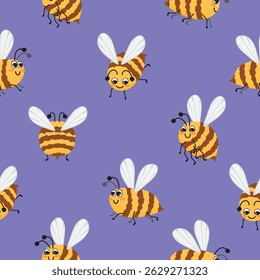Funny honey bees seamless pattern. Flying striped characters with wings, eyes, antennae. Yellow, brown colors on lilac background. Vector design for textile, wallpaper, cover. Cartoon illustration.