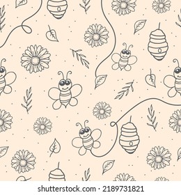 Funny Honeybee With Beehive, Flower And Leaf Illustration Isolated On Vintage Background. Hand Drawn Vector, Seamless Pattern With Honey Icon. Doodle For Wallpaper, Kids Fashion, Wrapping Paper,fabric