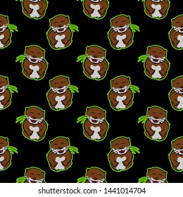 funny hoots of laughter beaver, laugh pet, smile animals otter cute seamless pattern with black background, cheerful, excited, amused, sportive