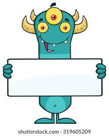Funny Horned Blue Monster Cartoon Character Holding A Blank Sign. Vector Illustration Isolated On White