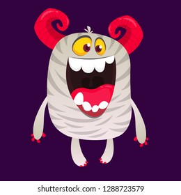 Funny horned monster laughing with opened mouth. Halloween vector illustration