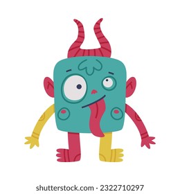 Funny Horned Monster with Long Arms Sticking Out Tongue Vector Illustration