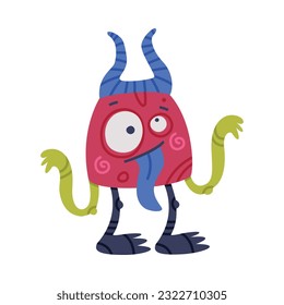 Funny Horned Monster with Long Arms Sticking Out Tongue Vector Illustration
