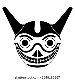 Funny horned skull. Ethnic South American mask. Indigenous Wari or Huari culture from ancient Peru. Black and white silhouette.