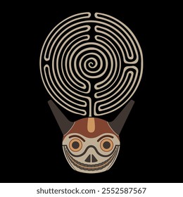 Funny horned skull holding a round spiral maze or labyrinth symbol. Indigenous mask of Wari or Huari culture from ancient Peru.