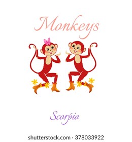 Funny horoscope with cute monkeys. Zodiac signs. Scorpio. Vector illustration.