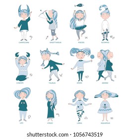 funny horoscope for girls. cute girls in the form of zodiac signs. outline drawing in cartoon style.
12 zodiac signs. 