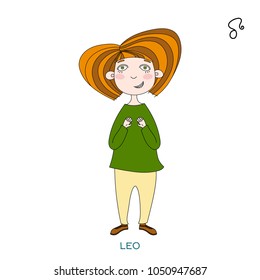 funny horoscope for girls. cute girl in the form of zodiac sign. outline drawing in cartoon style.Leo