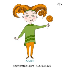 funny horoscope for girls. cute girl in the form of zodiac sign. outline drawing in cartoon style. Aries