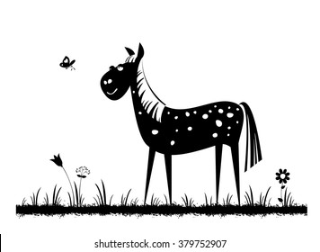 Funny horse. Black silhouette. Vector.