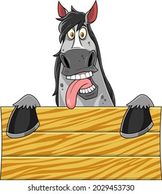 Funny Horse Cartoon Mascot Character Over A Blank Wooden Sign Board. Vector Hand Drawn Illustration Isolated On Transparent Background