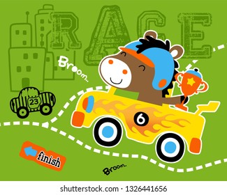 Funny horse cartoon on race car holding trophy