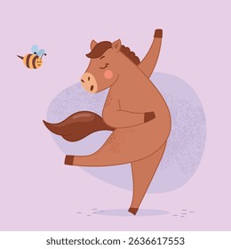 funny horse dancing, beautiful pose, yoga, spring, summer, bee, cute horse, year of the horse, fun, cute illustration, poster, calendar horse, screensaver, print, print for fabric, textile, children 