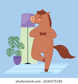 funny horse doing yoga, yoga at home, cute horse, sport, home exercises, sweet home, coziness, year of the horse, fun, cute illustration, poster, calendar horse, screensaver, print, print for fabric