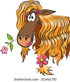 funny horse with a flower in her mouth