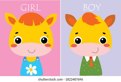 Funny horse girl and boy postcards